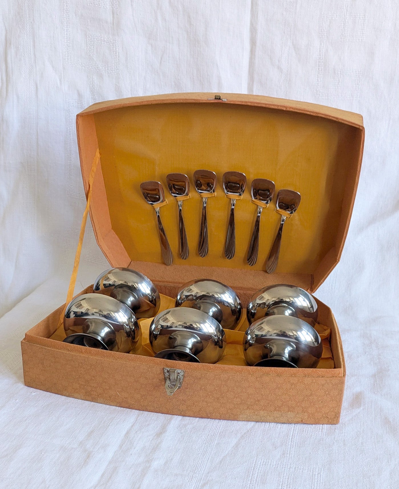 Vintage Stainless Steel Dessert Set — 6 Bowls & Spoons, Boxed, Mid-Century French