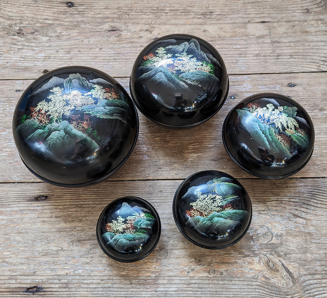 Vintage Japanese Lacquer Nesting Bowls Set of 5 — Hand Painted, Black & Gold, Early 1900s