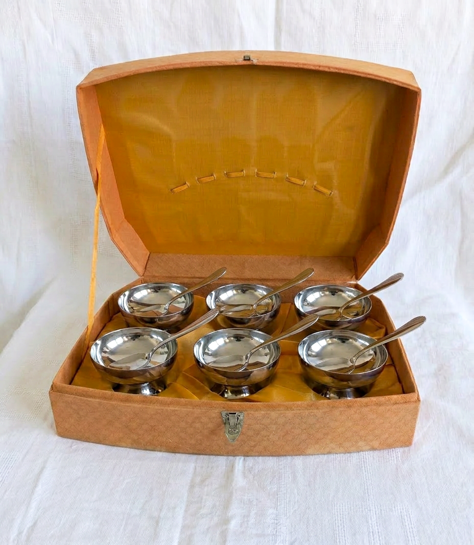 Vintage Stainless Steel Dessert Set — 6 Bowls & Spoons, Boxed, Mid-Century French