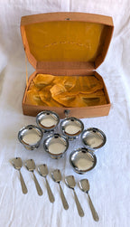 Vintage Stainless Steel Dessert Set — 6 Bowls & Spoons, Boxed, Mid-Century French