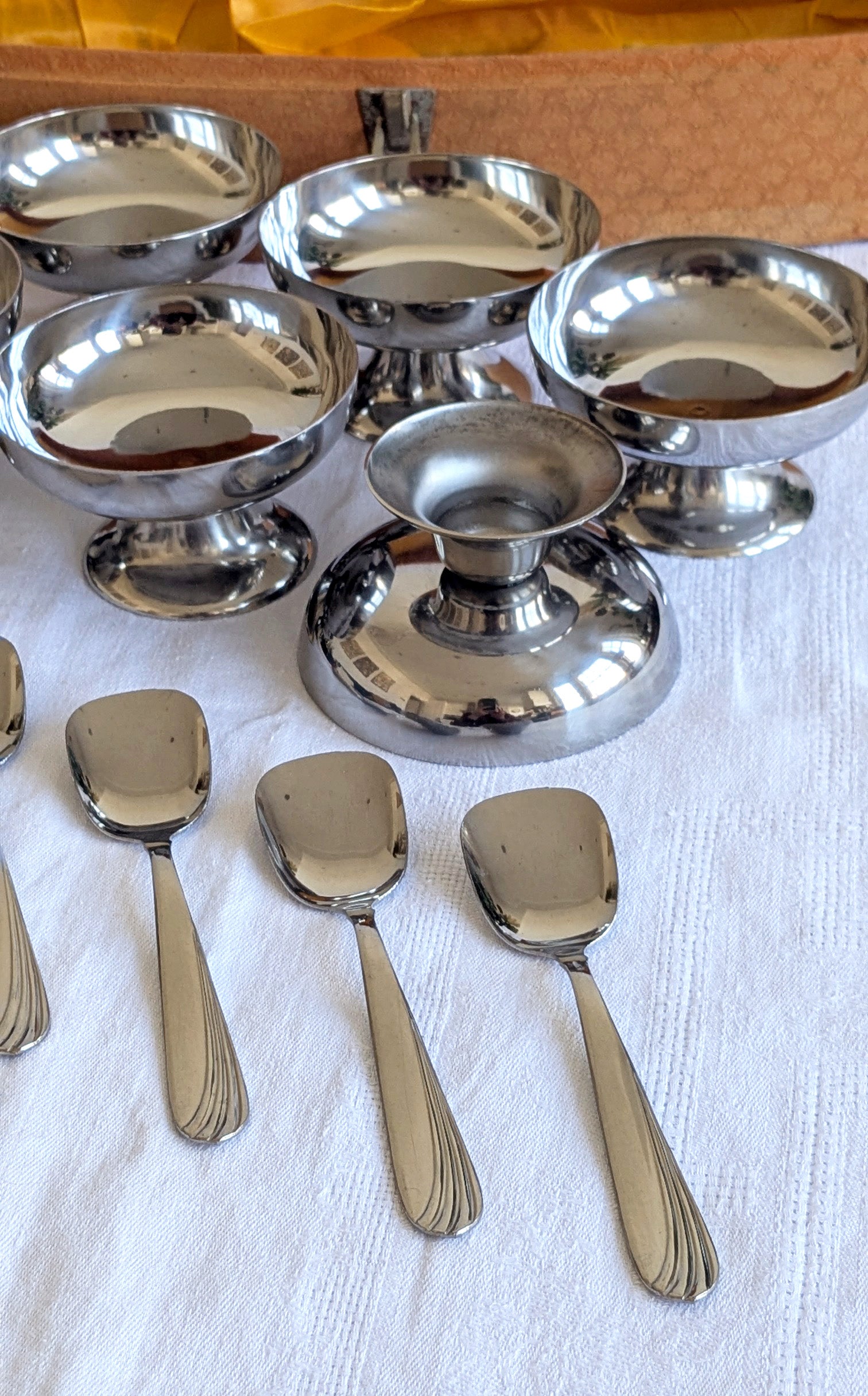 Vintage Stainless Steel Dessert Set — 6 Bowls & Spoons, Boxed, Mid-Century French