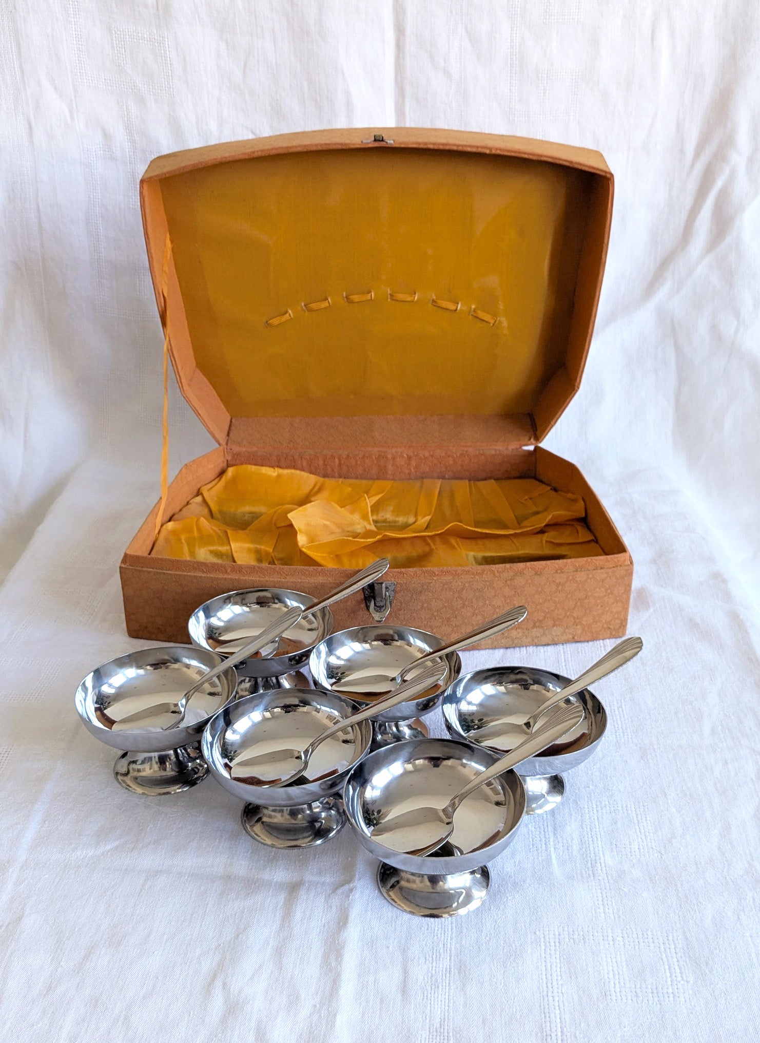 Vintage Stainless Steel Dessert Set — 6 Bowls & Spoons, Boxed, Mid-Century French