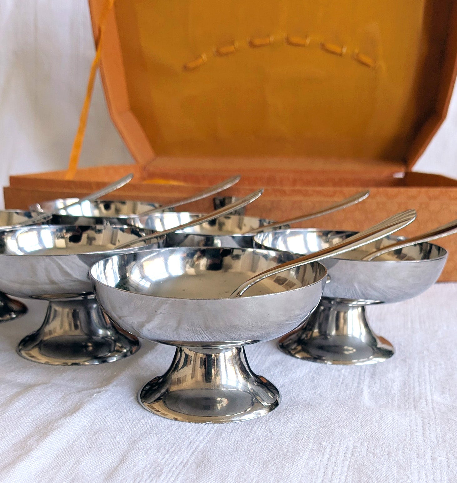 Vintage Stainless Steel Dessert Set — 6 Bowls & Spoons, Boxed, Mid-Century French
