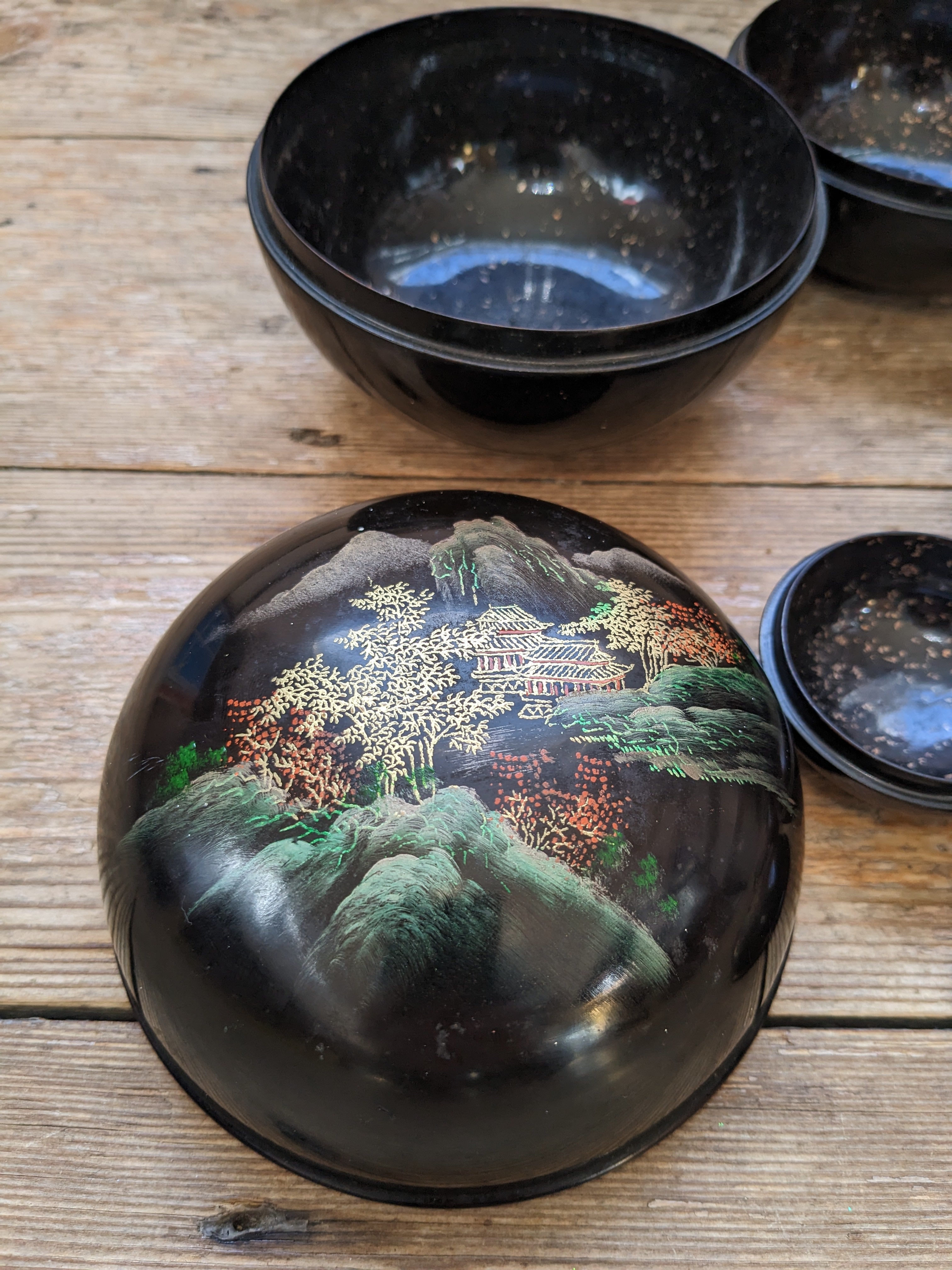Vintage Japanese Lacquer Nesting Bowls Set of 5 — Hand Painted, Black & Gold, Early 1900s