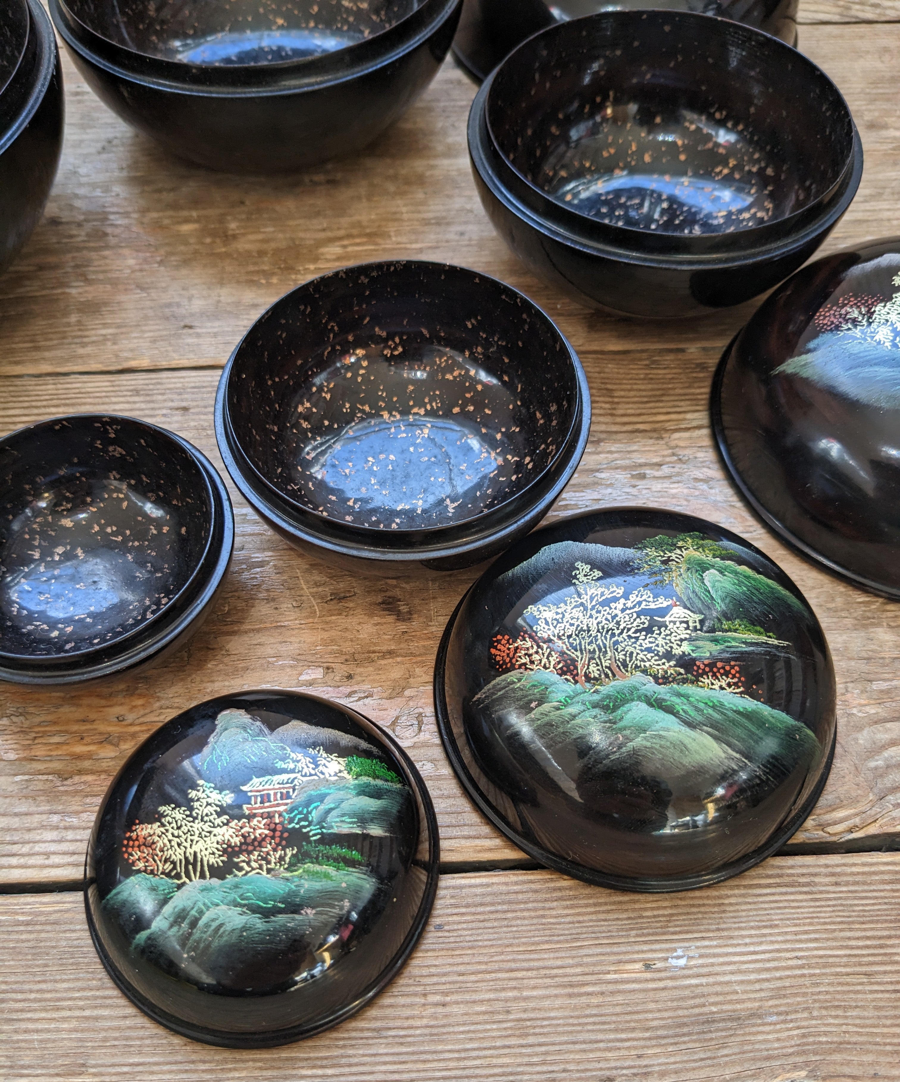 Vintage Japanese Lacquer Nesting Bowls Set of 5 — Hand Painted, Black & Gold, Early 1900s