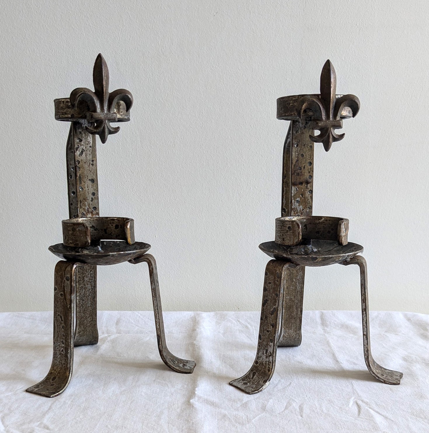 Pair of Vintage Wrought Iron Fleur-de-Lis Candle Holders | Mid to Late 20th Century