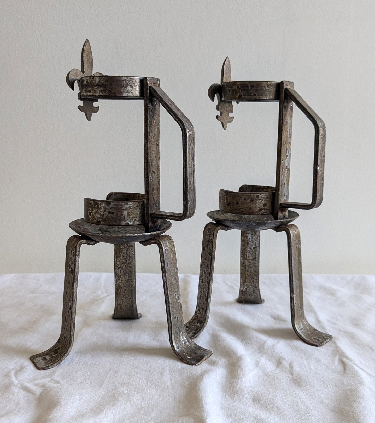 Pair of Vintage Wrought Iron Fleur-de-Lis Candle Holders | Mid to Late 20th Century