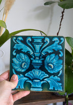 Antique Maw & Co Majolica Tile — Turquoise Floral & Foliage, Victorian, Late 19th Century