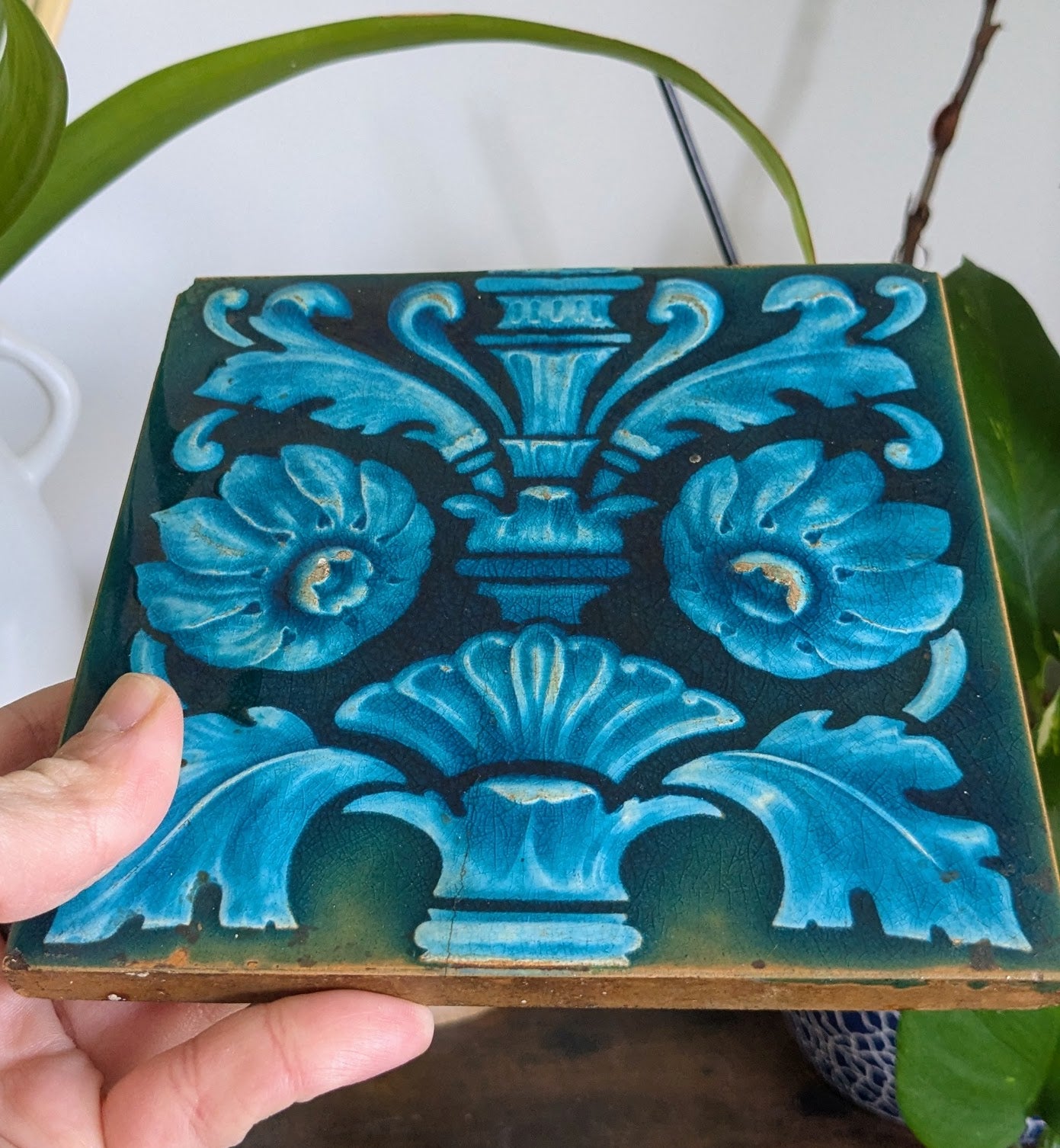 Antique Maw & Co Majolica Tile — Turquoise Floral & Foliage, Victorian, Late 19th Century