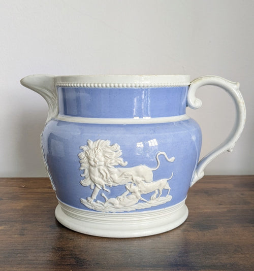 Antique Chetham & Woolley Pearlware Jug — Lion & Serpent Armorial, Blue Glaze, Early 19th Century