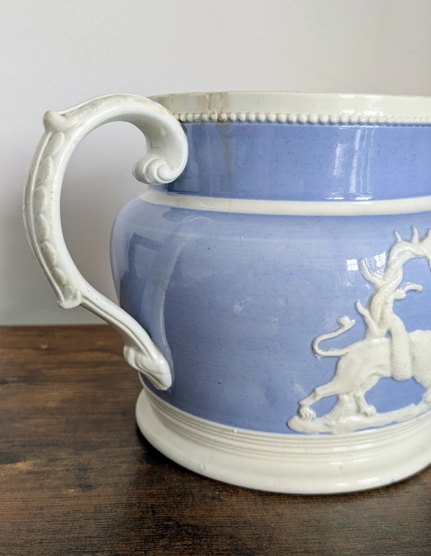 British Lions Snake & Armorial Molded Blue Glazed Jug Chetham and Woolley - early 19th century
