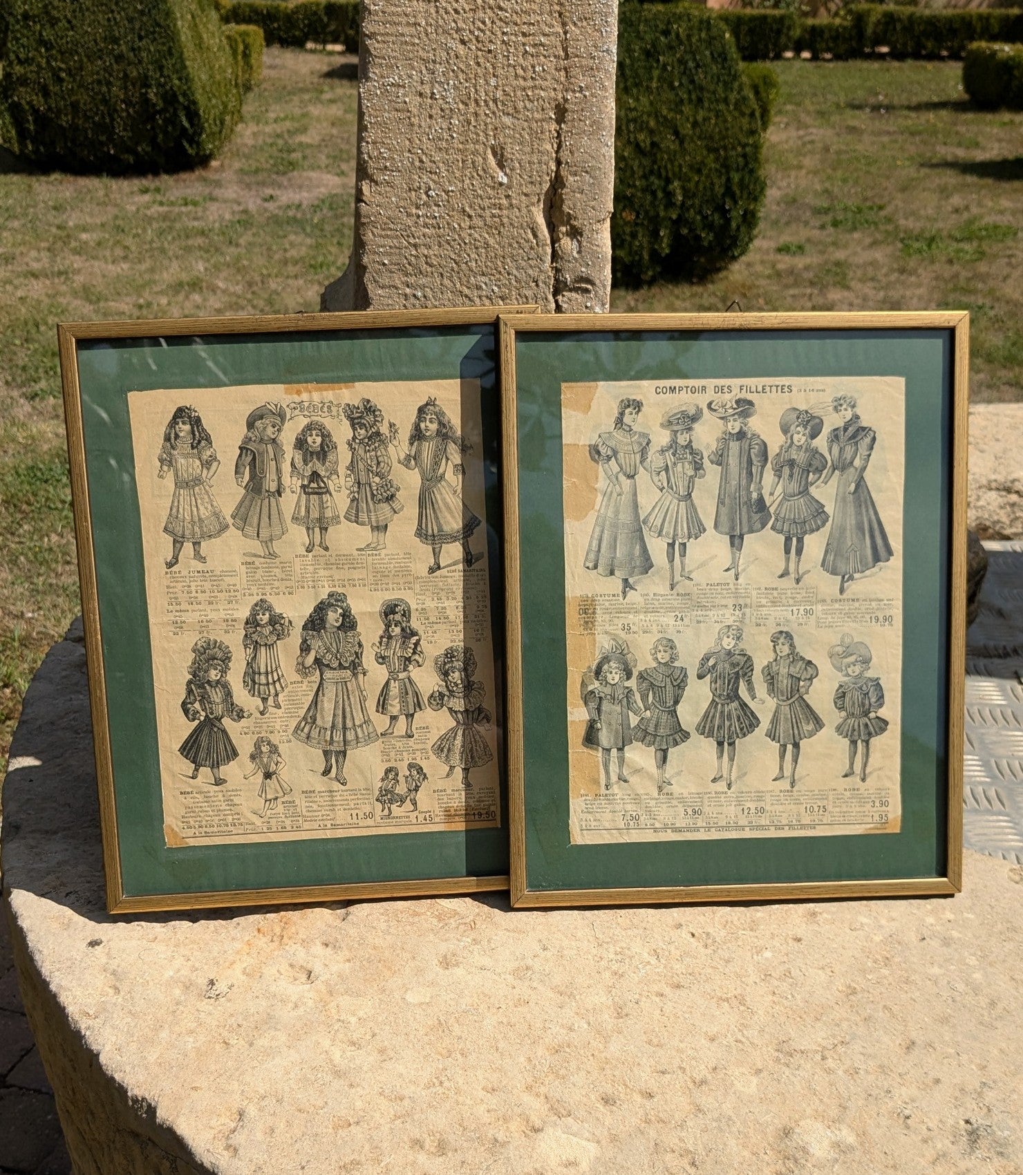 Framed Antique French Fashion Prints — Bébé Jumeau & Girls' Fashion, Belle Époque 1890s Paris
