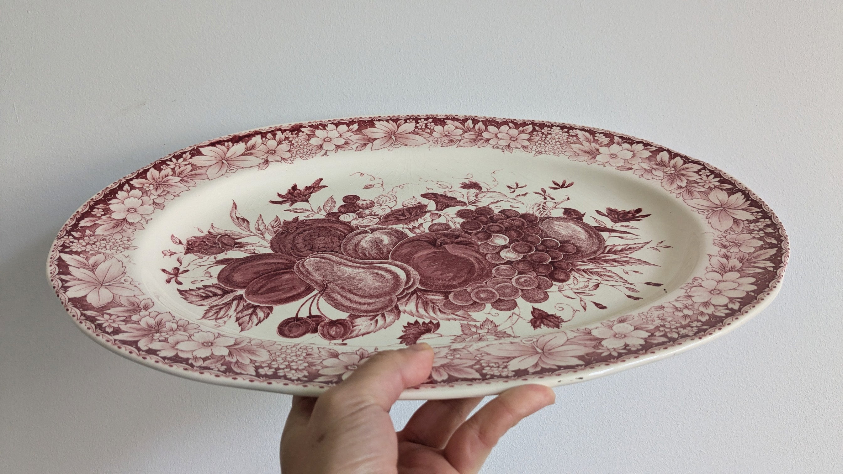 Antique Red Mulberry Transferware Oval Serving Platter – Fruit & Floral Pattern, 19th Century Staffordshire Style
