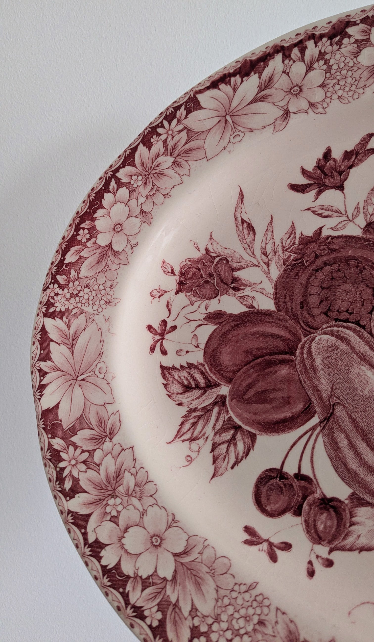 Antique Red Mulberry Transferware Oval Serving Platter – Fruit & Floral Pattern, 19th Century Staffordshire Style