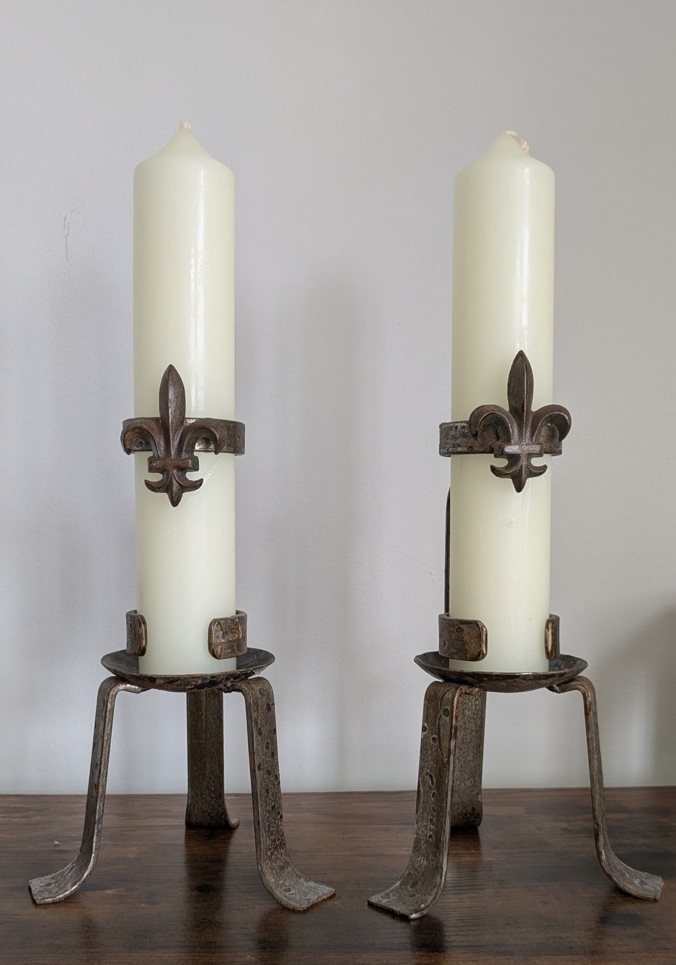 Pair of Vintage Wrought Iron Fleur-de-Lis Candle Holders | Mid to Late 20th Century