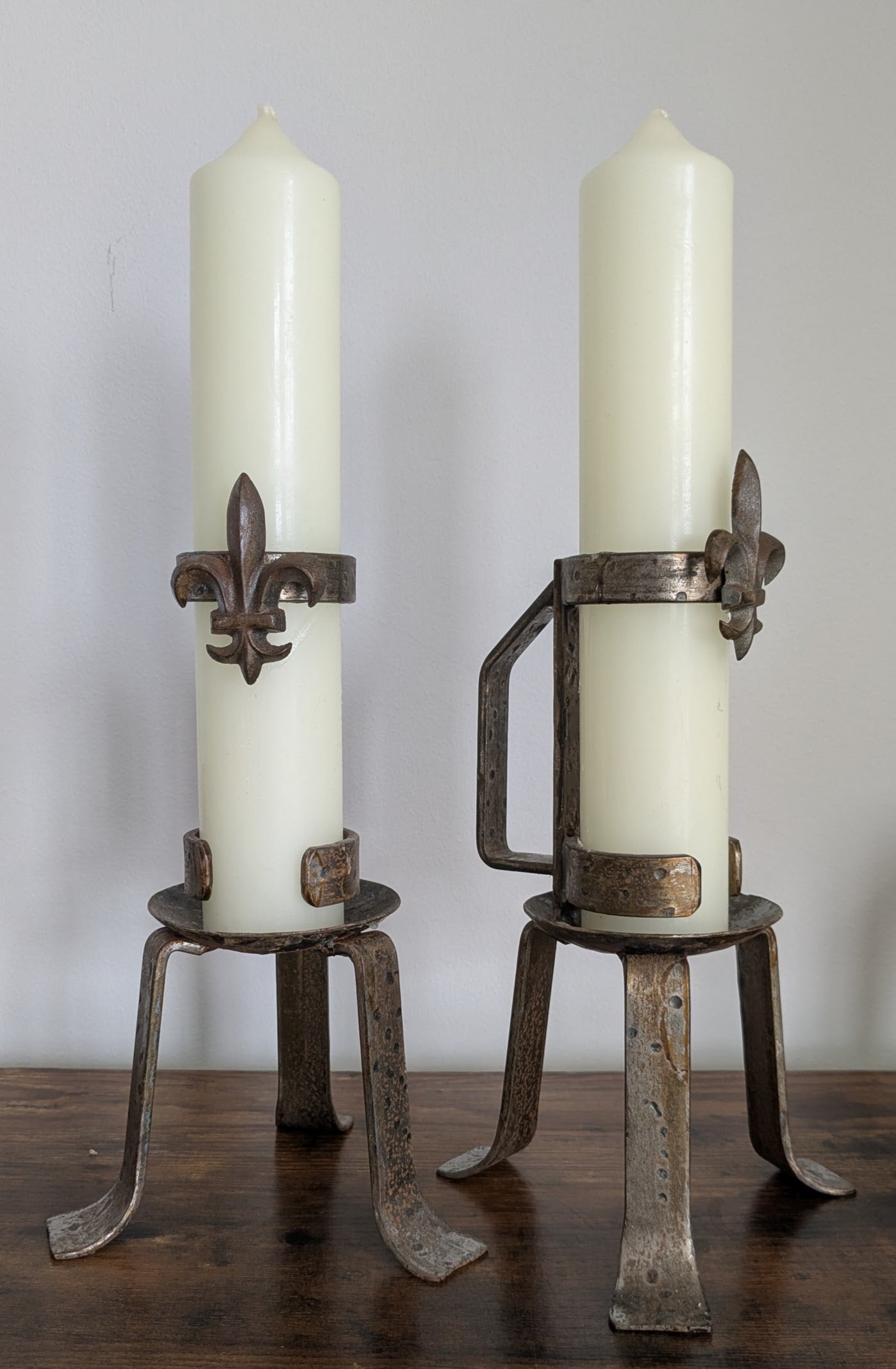 Pair of Vintage Wrought Iron Fleur-de-Lis Candle Holders | Mid to Late 20th Century