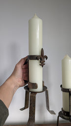 Pair of Vintage Wrought Iron Fleur-de-Lis Candle Holders | Mid to Late 20th Century