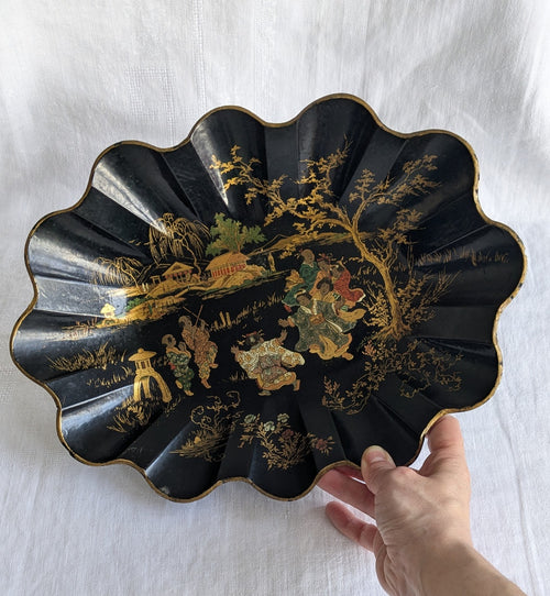 Antique French Papier Mache Bread Basket, Napoleon III Chinoiserie Tray, Black Gold Oval Fruit Bowl, 19th Century