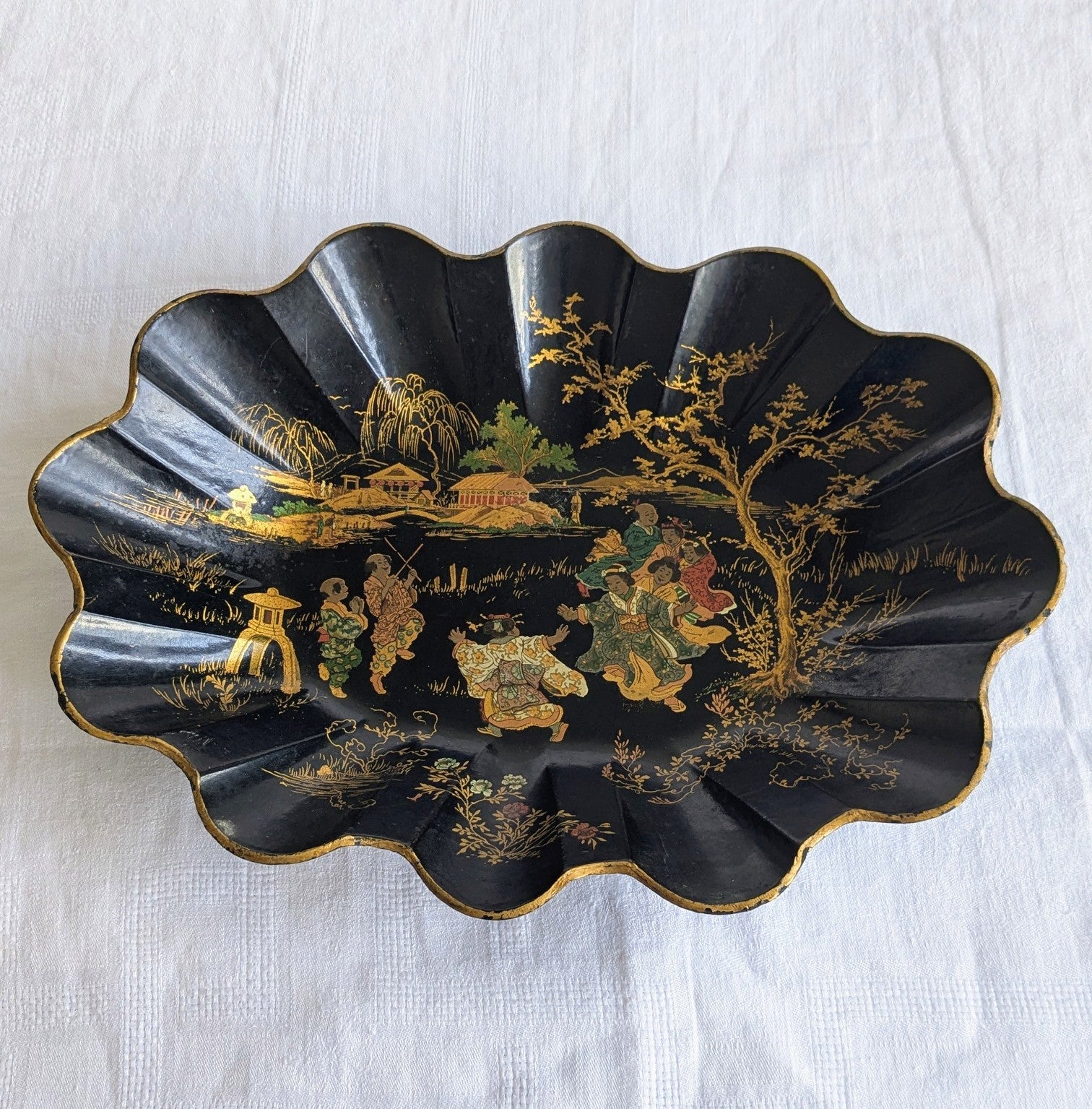 Antique French Papier Mache Bread Basket, Napoleon III Chinoiserie Tray, Black Gold Oval Fruit Bowl, 19th Century
