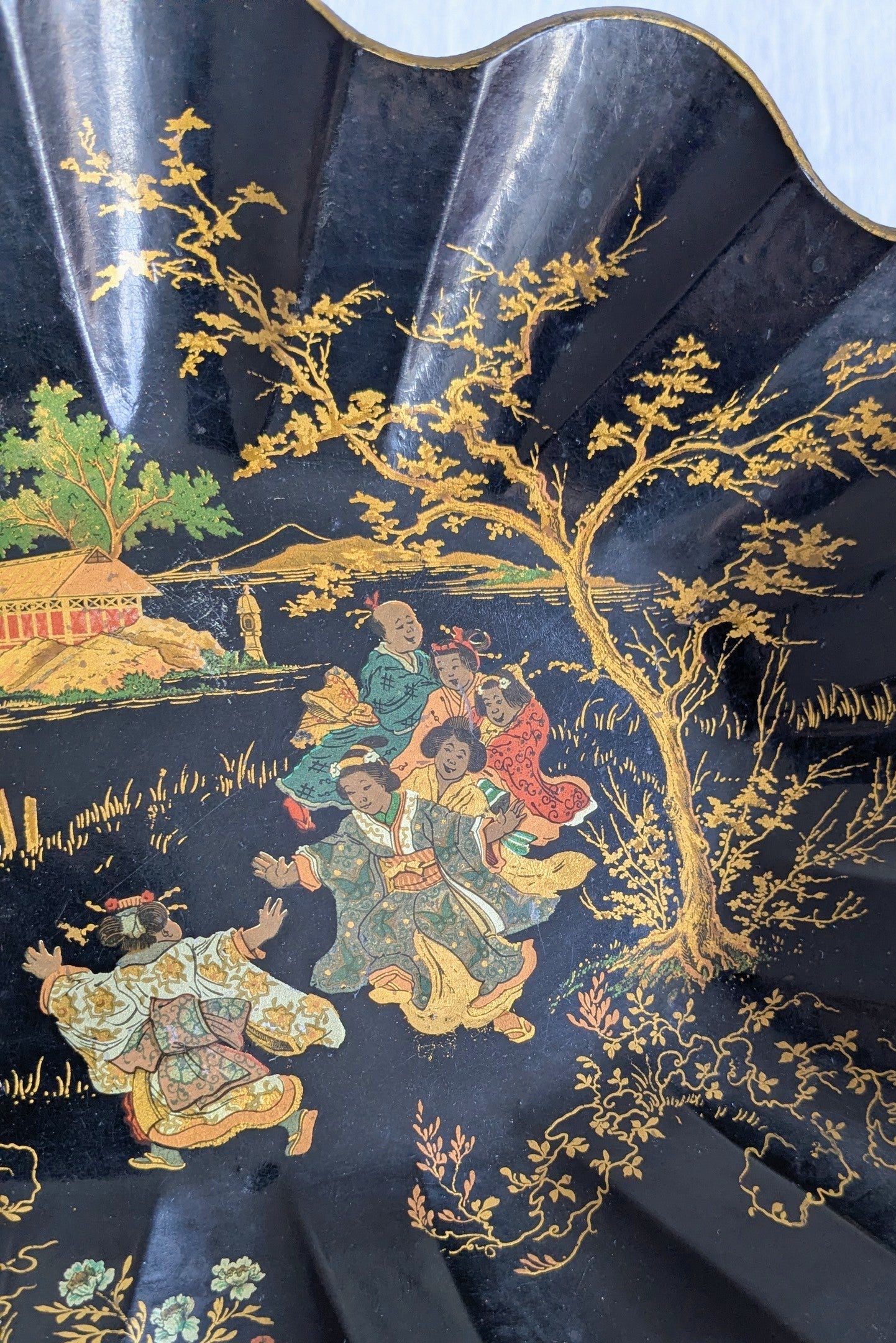 Antique French Papier Mache Bread Basket, Napoleon III Chinoiserie Tray, Black Gold Oval Fruit Bowl, 19th Century