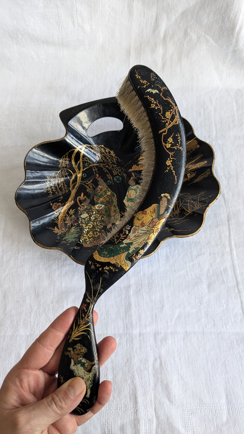 Antique Napoléon III Crumb Tray & Brush — Chinoiserie Black Lacquer, French, 19th Century