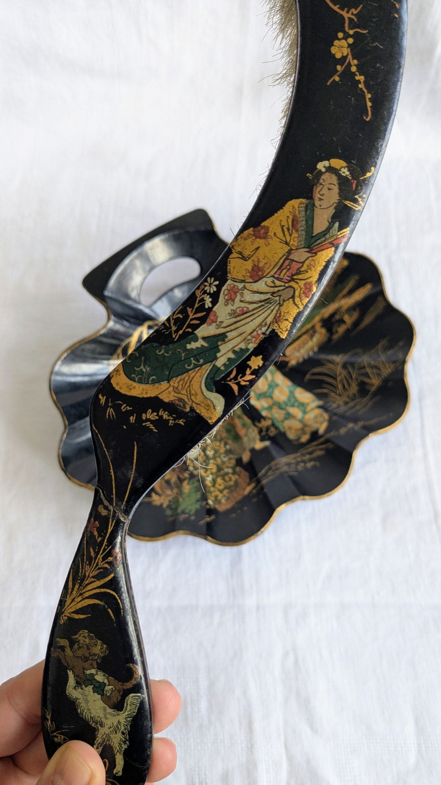 Antique Napoléon III Crumb Tray & Brush — Chinoiserie Black Lacquer, French, 19th Century