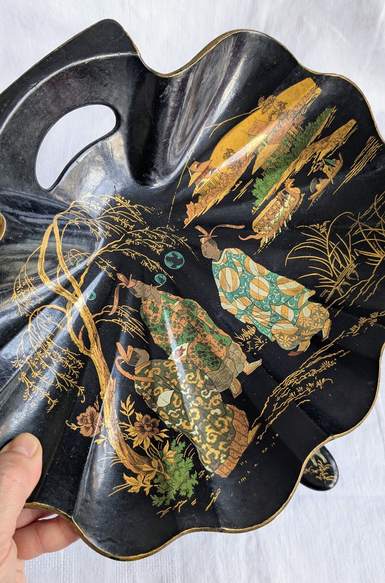 Antique Napoléon III Crumb Tray & Brush — Chinoiserie Black Lacquer, French, 19th Century