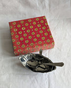 Vintage French Inox Sauce Dish & Spoon — Scalloped, Boxed, Retro Tableware