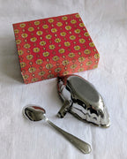 Vintage French Inox Sauce Dish & Spoon — Scalloped, Boxed, Retro Tableware