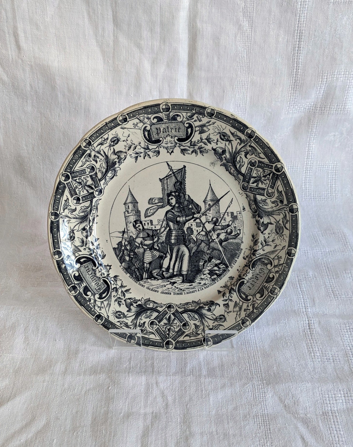 Antique Sarreguemines Transferware Plates Set of 2 — Joan of Arc, French Faience, 19th Century