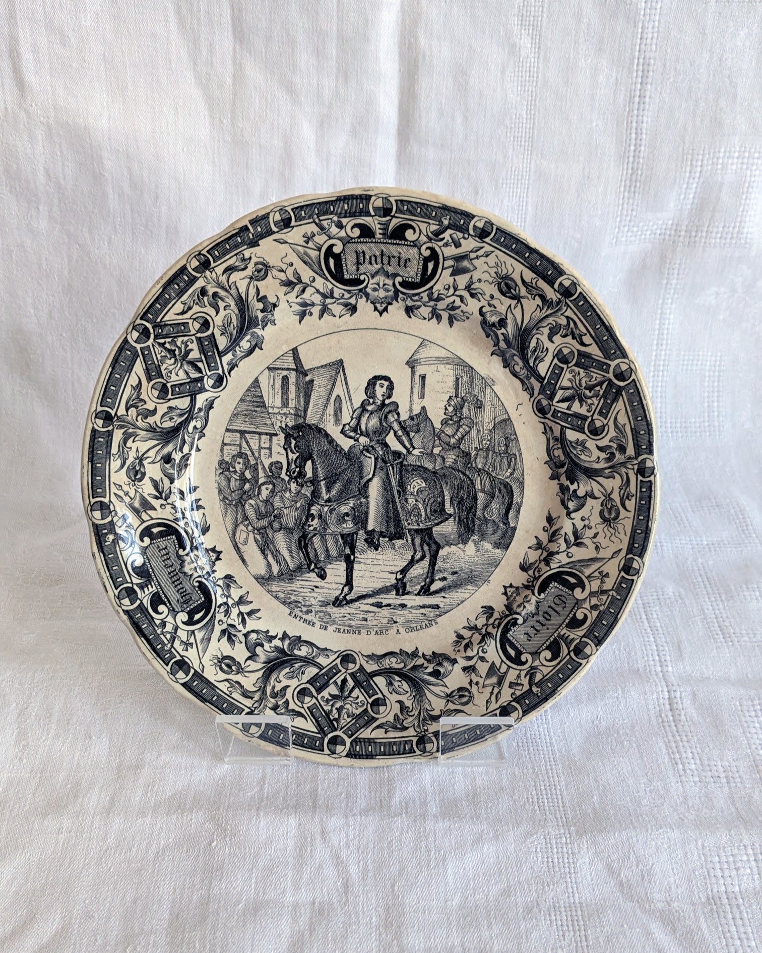 Antique Sarreguemines Transferware Plates Set of 2 — Joan of Arc, French Faience, 19th Century