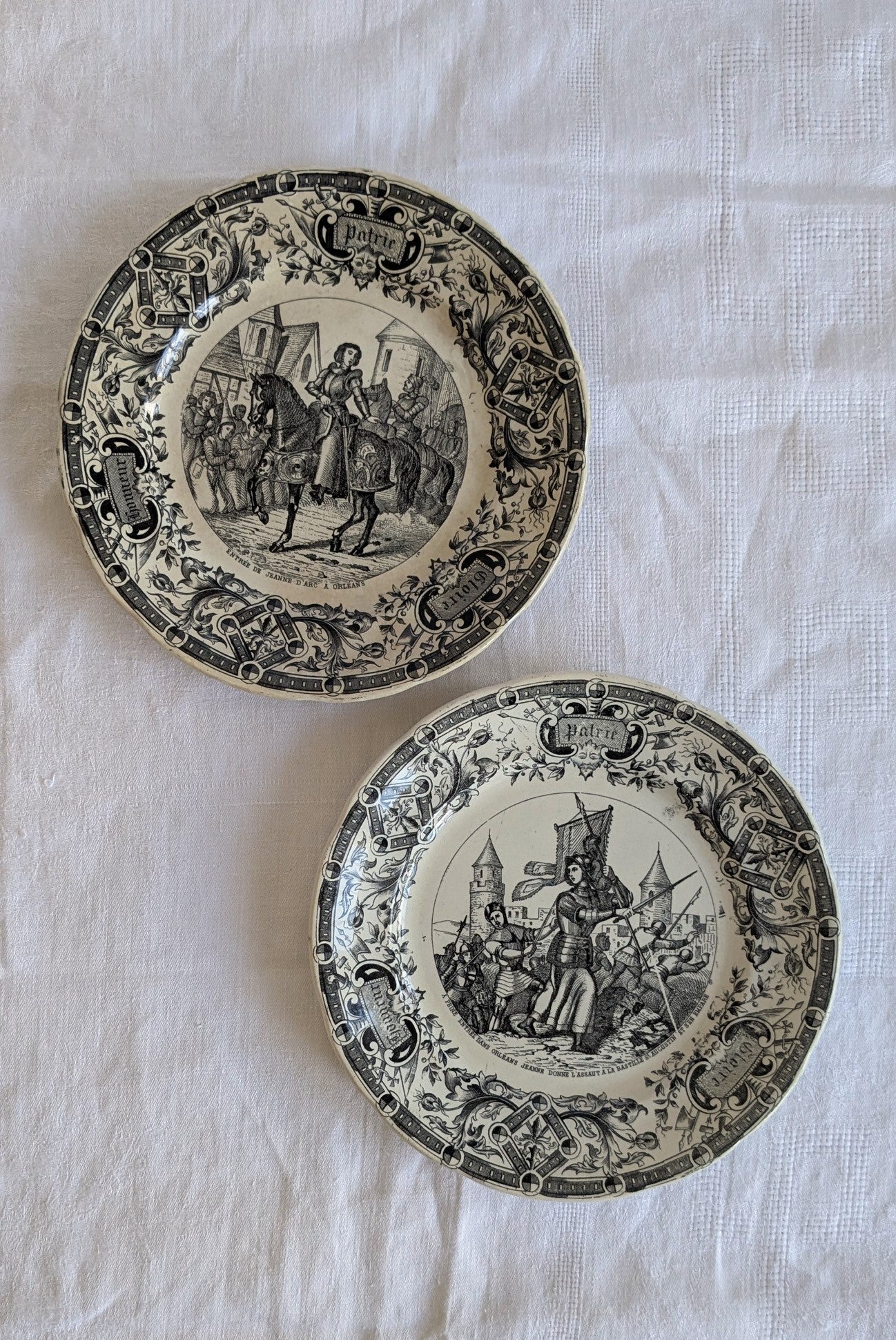 Antique Sarreguemines Transferware Plates Set of 2 — Joan of Arc, French Faience, 19th Century