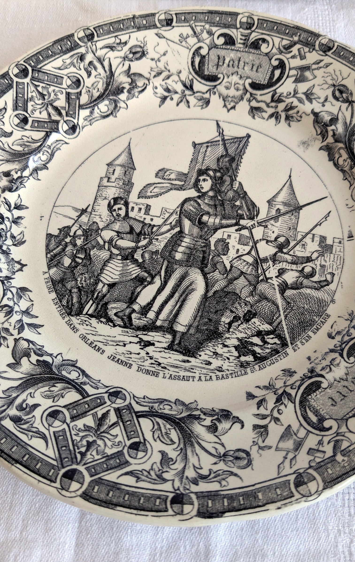 Antique Sarreguemines Transferware Plates Set of 2 — Joan of Arc, French Faience, 19th Century