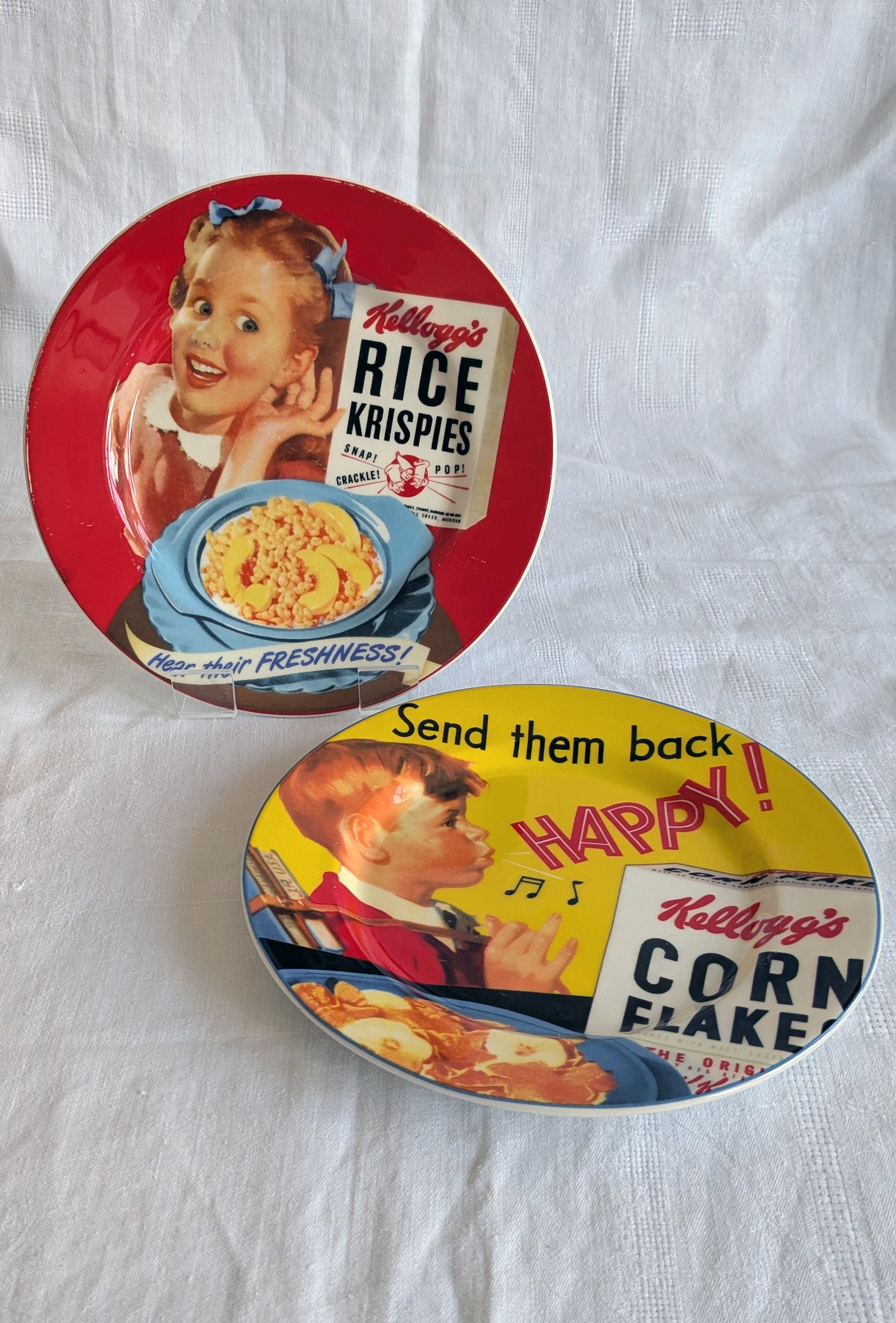 Vintage Kellogg's Advertising Plates Set — Corn Flakes & Rice Krispies, Retro Kitchen Decor