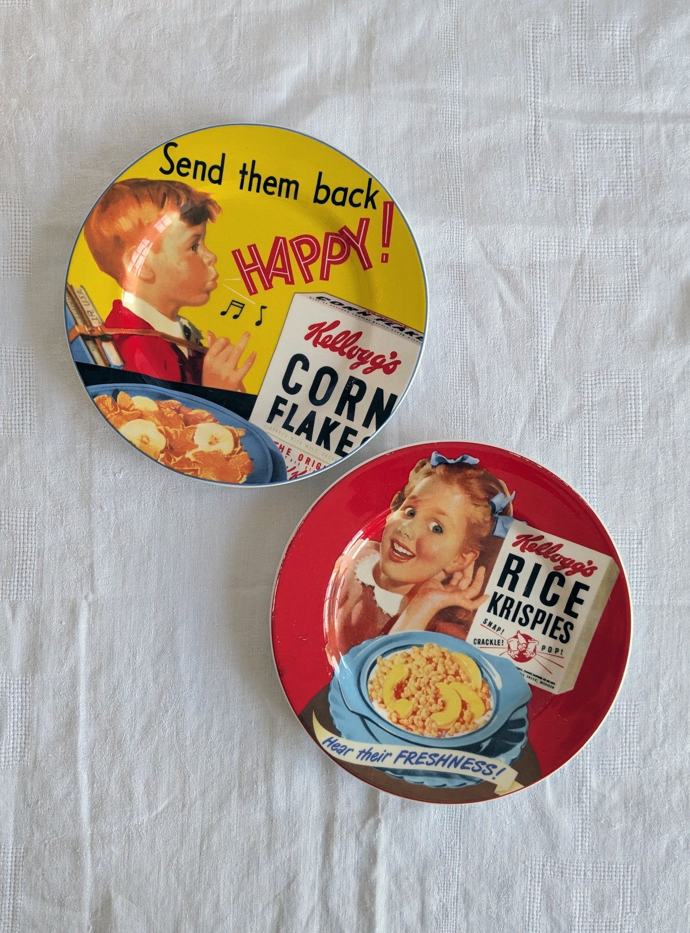Vintage Kellogg's Advertising Plates Set — Corn Flakes & Rice Krispies, Retro Kitchen Decor