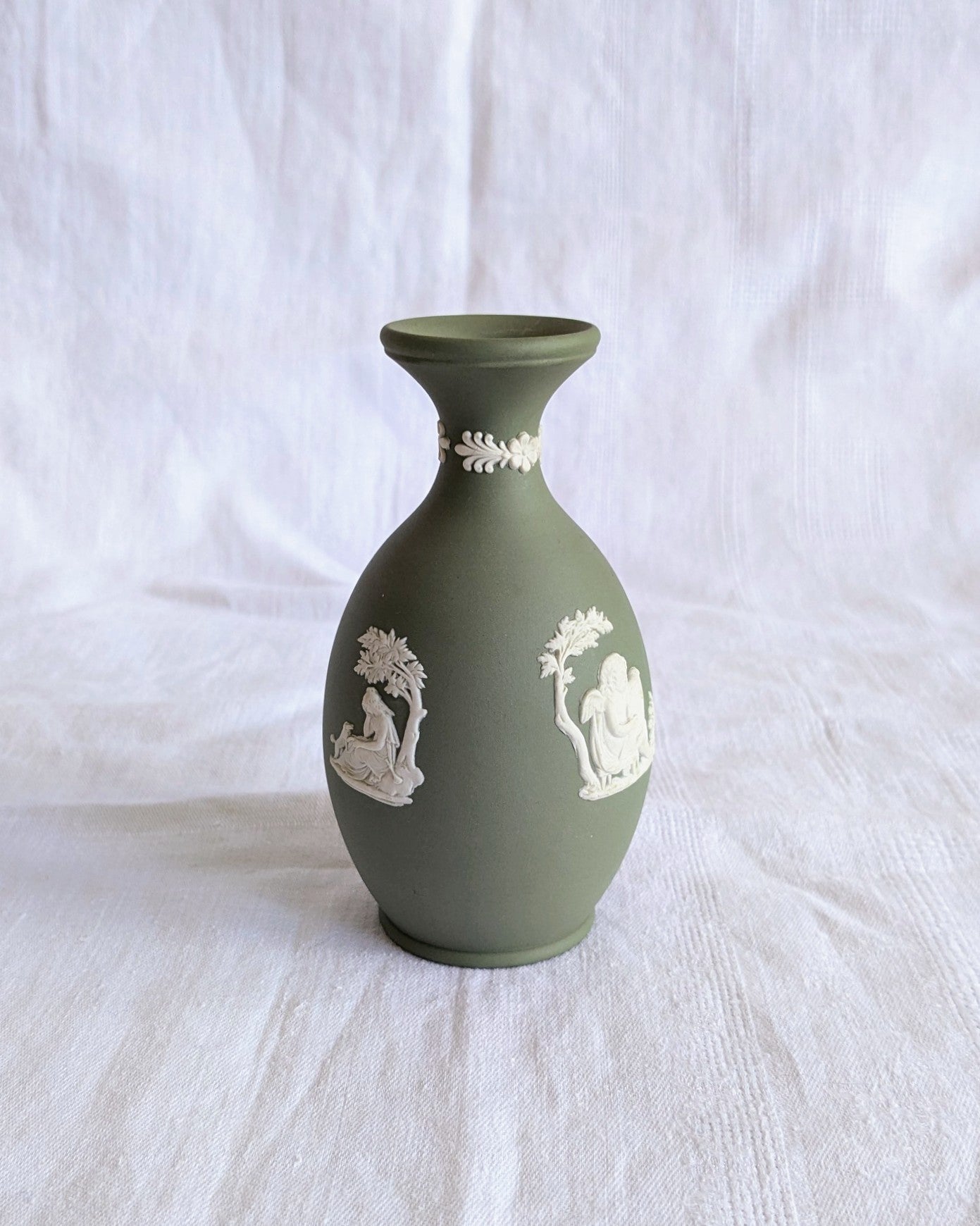 Vintage Wedgwood Jasperware Vase — Sage Green Neoclassical Relief, England, Mid-Century