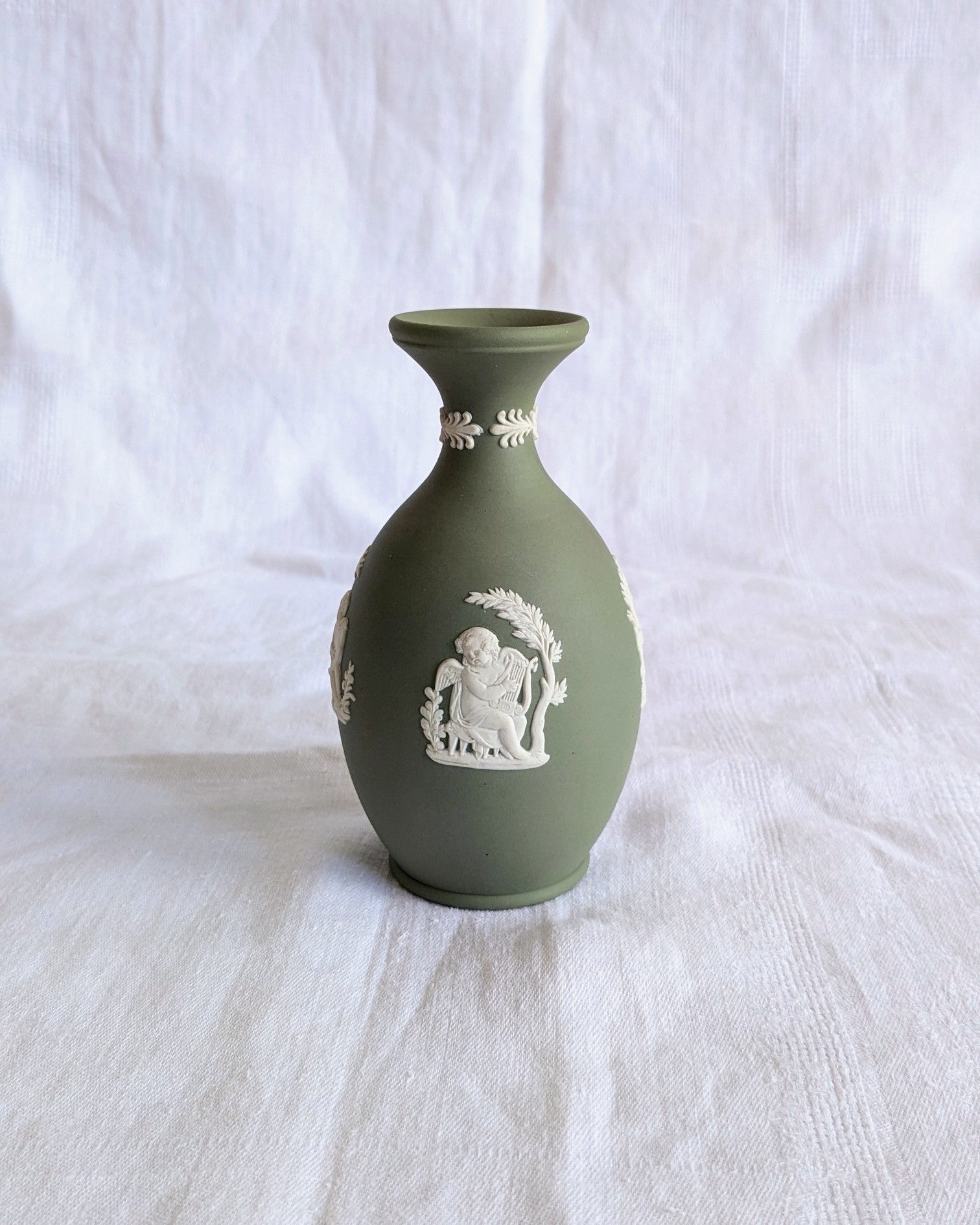 Vintage Wedgwood Jasperware Vase — Sage Green Neoclassical Relief, England, Mid-Century