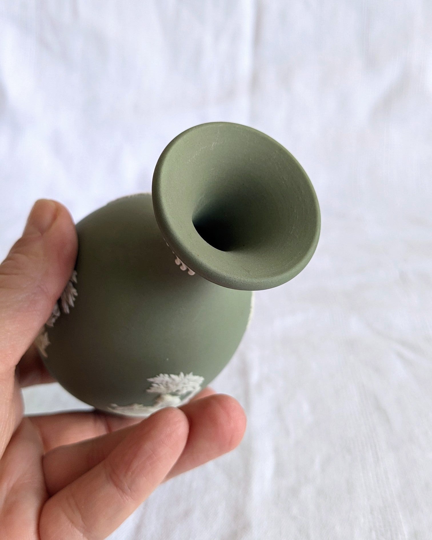 Vintage Wedgwood Jasperware Vase — Sage Green Neoclassical Relief, England, Mid-Century
