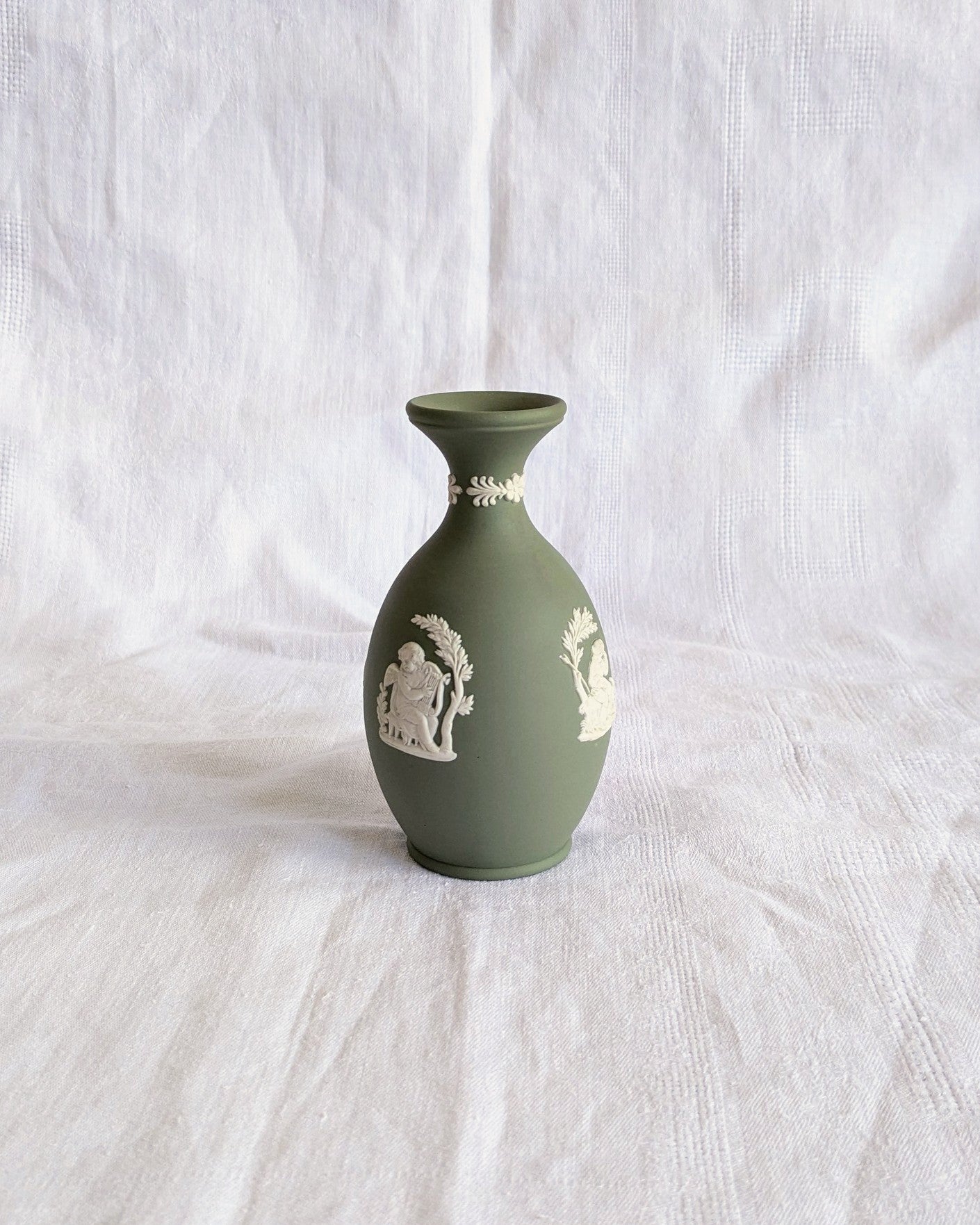 Vintage Wedgwood Jasperware Vase — Sage Green Neoclassical Relief, England, Mid-Century