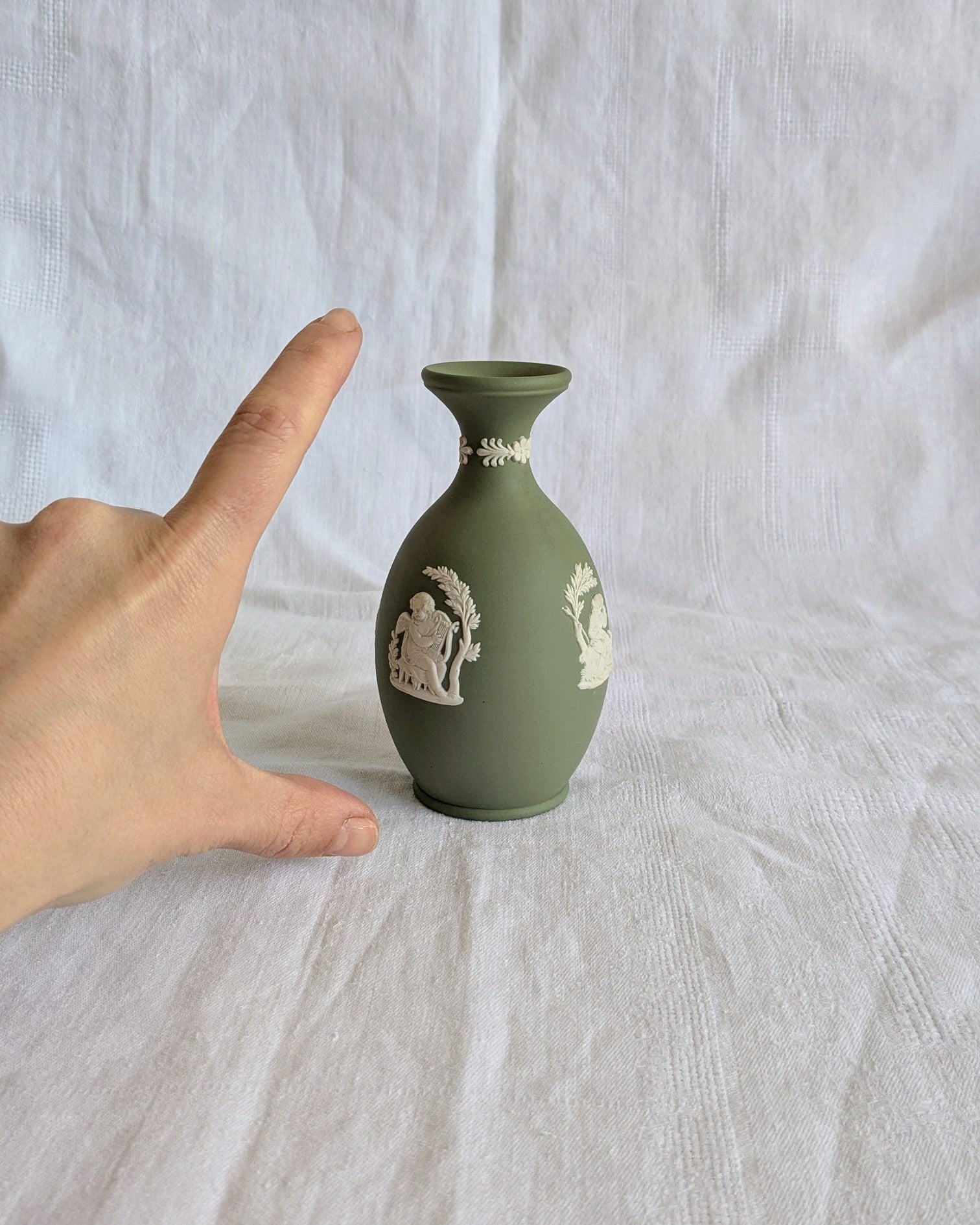 Vintage Wedgwood Jasperware Vase — Sage Green Neoclassical Relief, England, Mid-Century