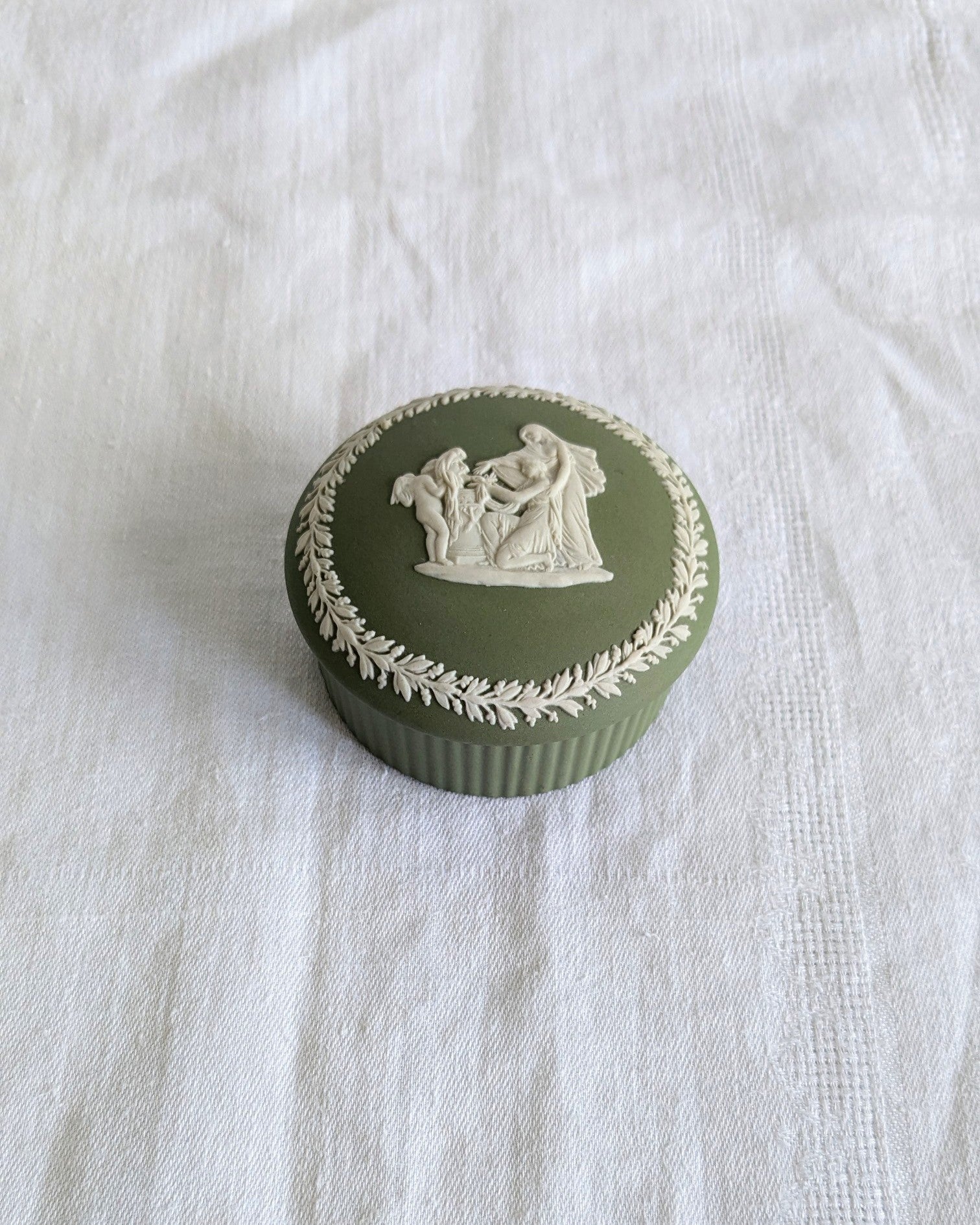 Wedgwood Jasperware Trinket Box — Sage Green Neoclassical, England