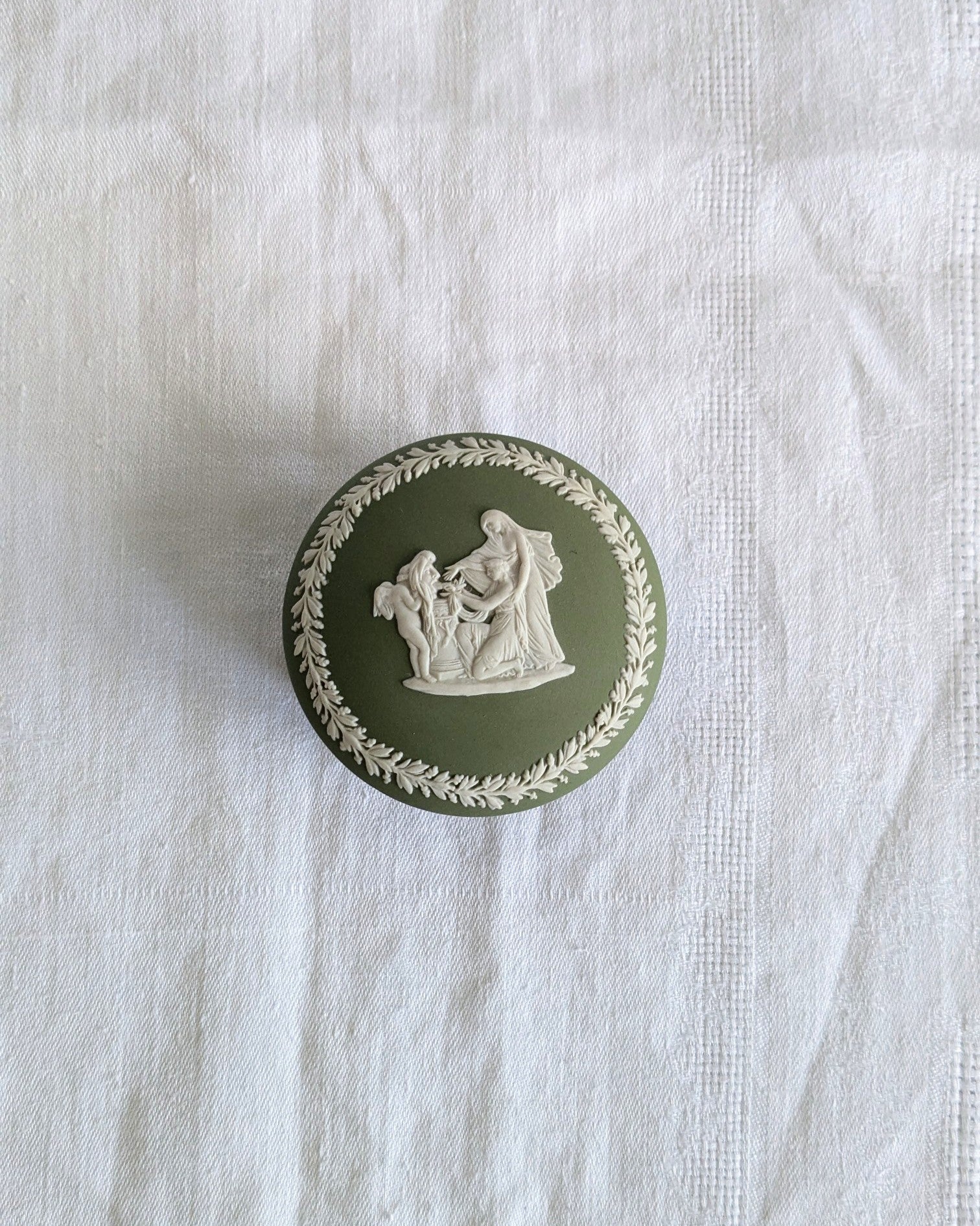 Wedgwood Jasperware Trinket Box — Sage Green Neoclassical, England