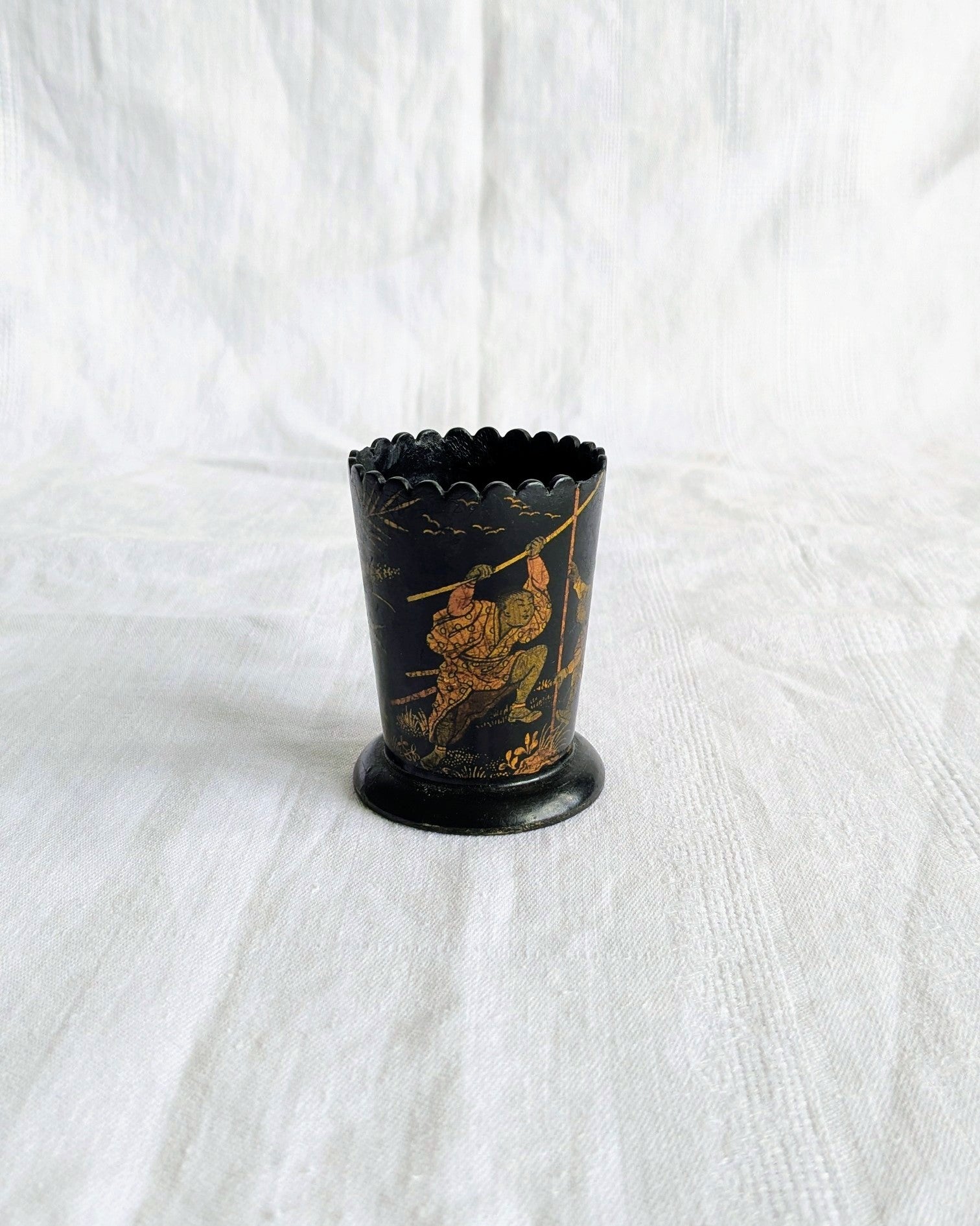 Antique Napoleon III Match Holder, Chinoiserie Match Striker, Black Lacquer