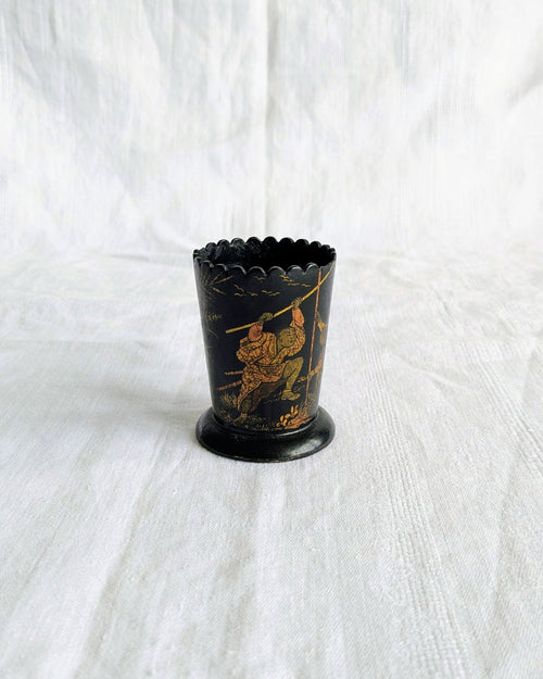 Antique Napoleon III Match Holder — Chinoiserie Black Lacquer Papier-Mâché, 19th Century