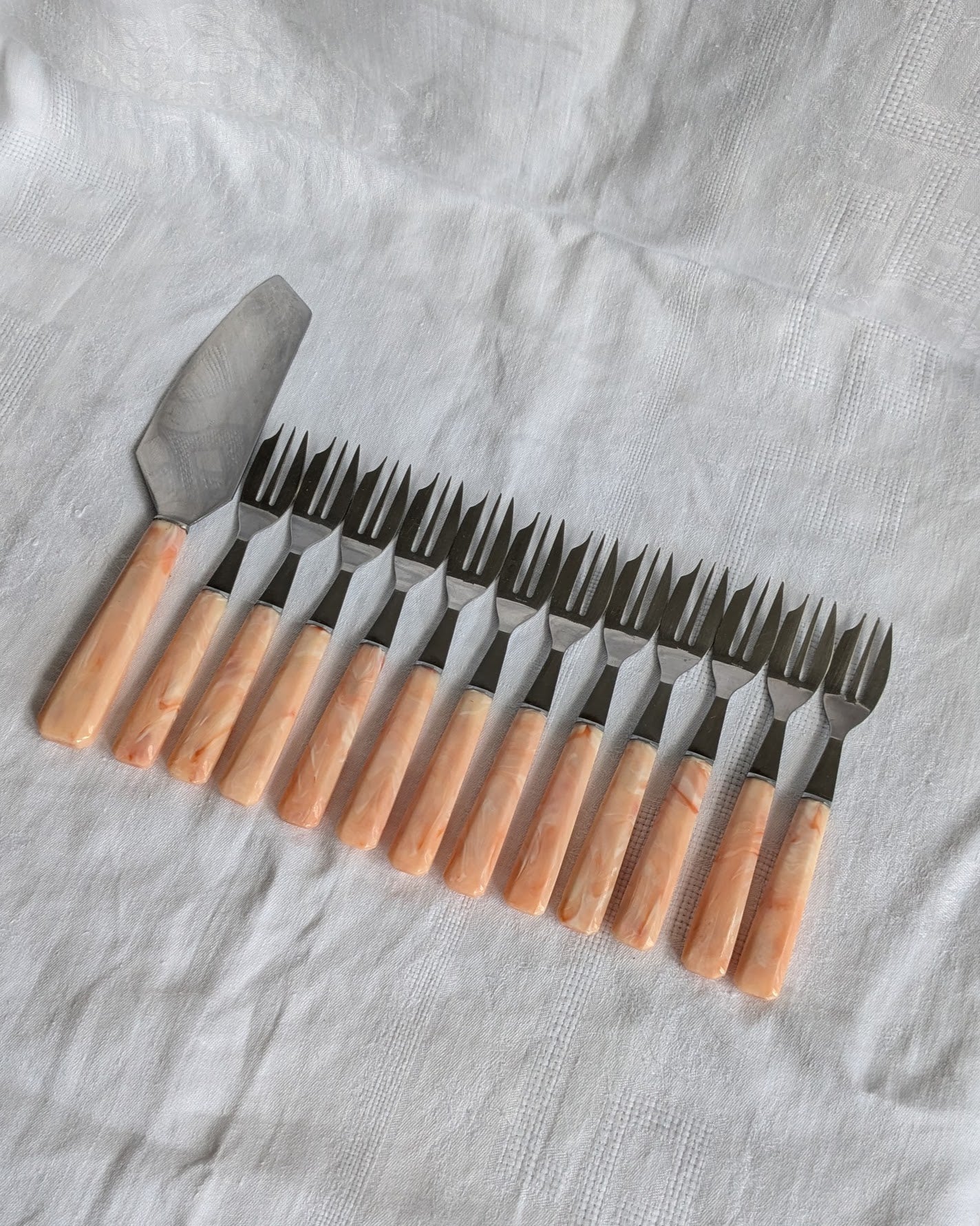 Vintage Dessert Set — Cake Server & 12 Forks, Boxed, French Style, Mid-Century 1950s