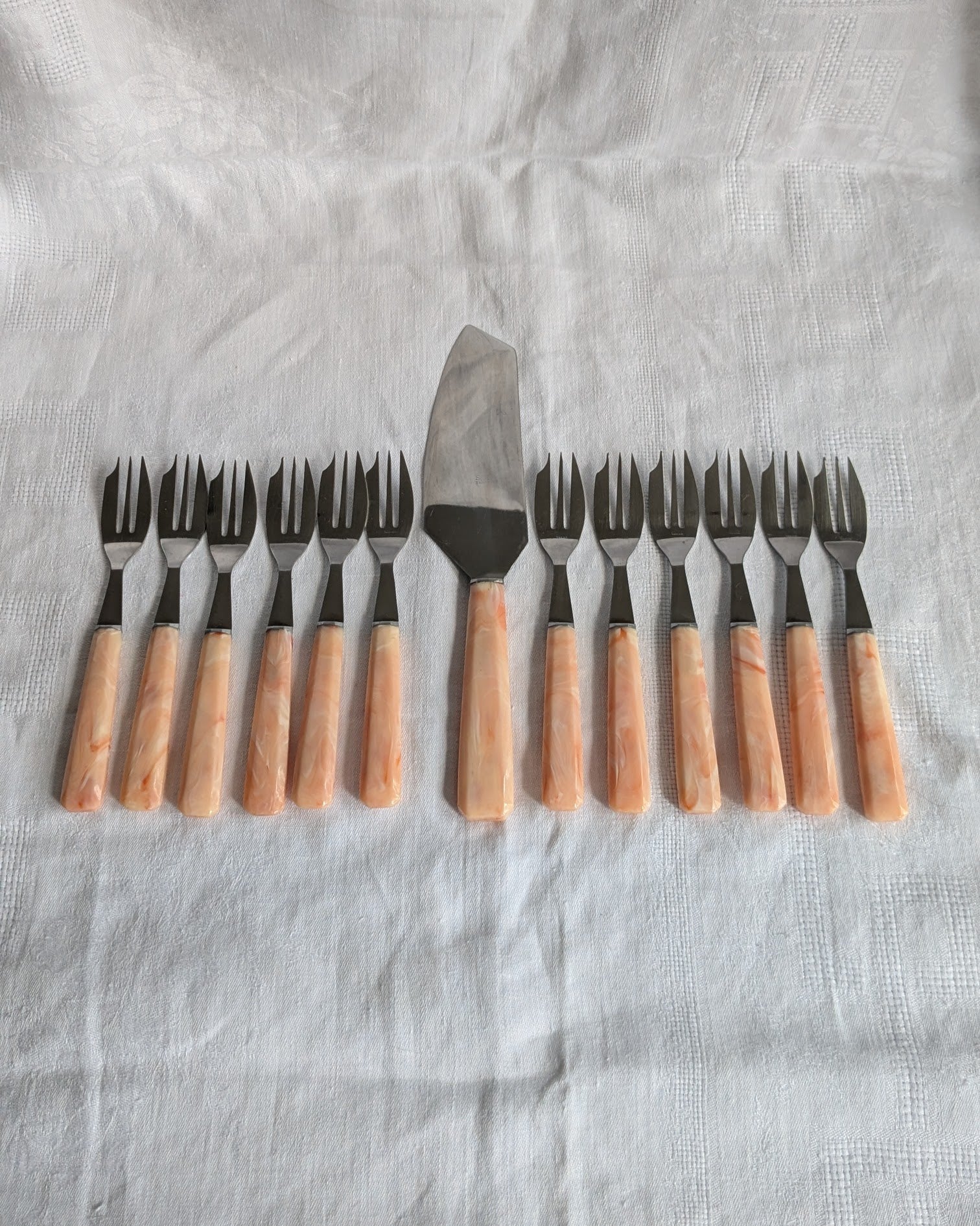 Vintage Dessert Set — Cake Server & 12 Forks, Boxed, French Style, Mid-Century 1950s