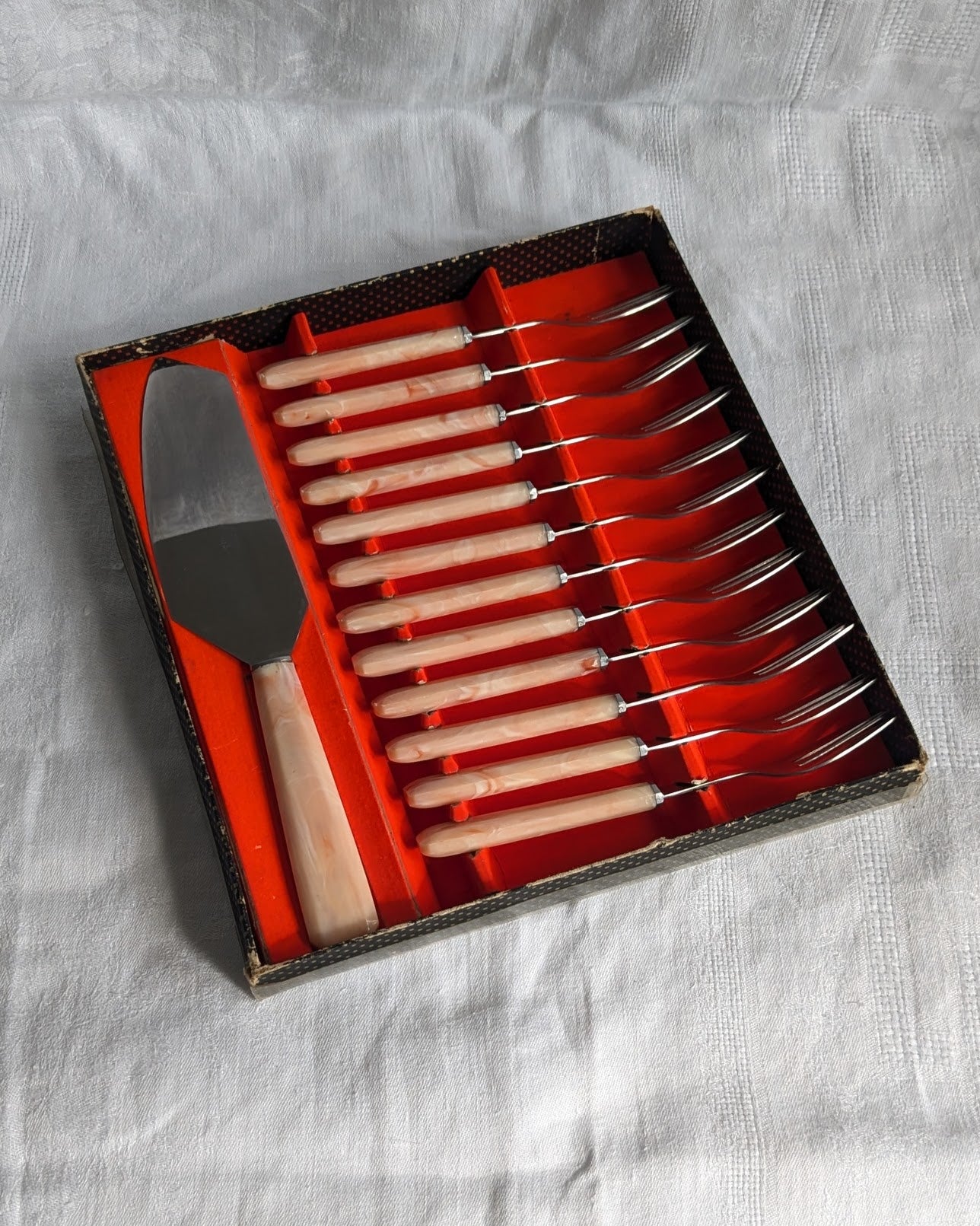 Vintage Dessert Set — Cake Server & 12 Forks, Boxed, French Style, Mid-Century 1950s