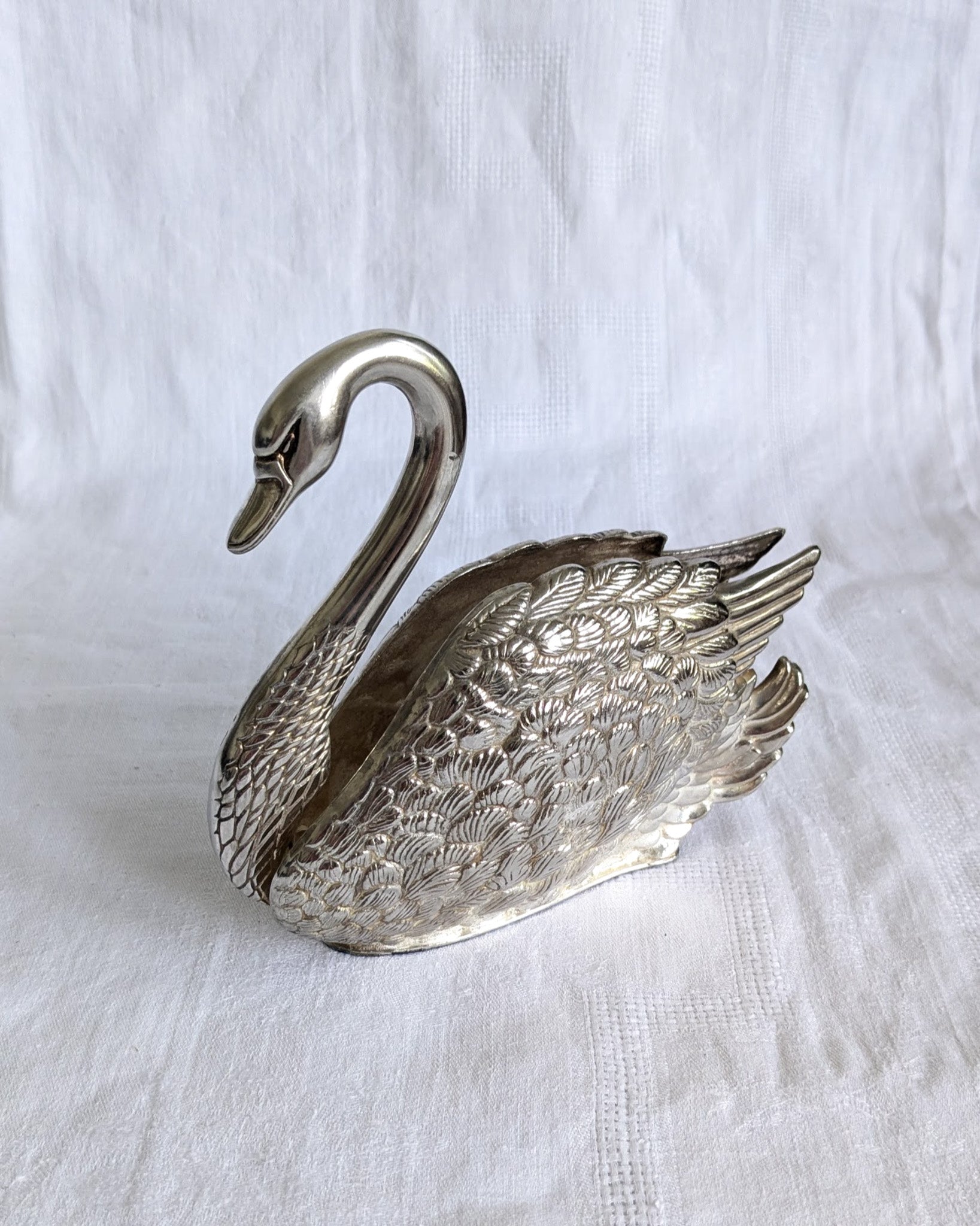 Vintage Silver-Plated Swan Napkin Holder | Sculptural Mid-Century Tableware