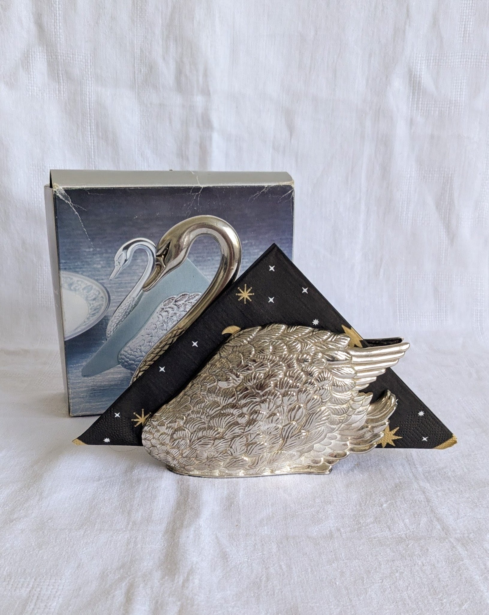 Vintage Silver-Plated Swan Napkin Holder | Sculptural Mid-Century Tableware