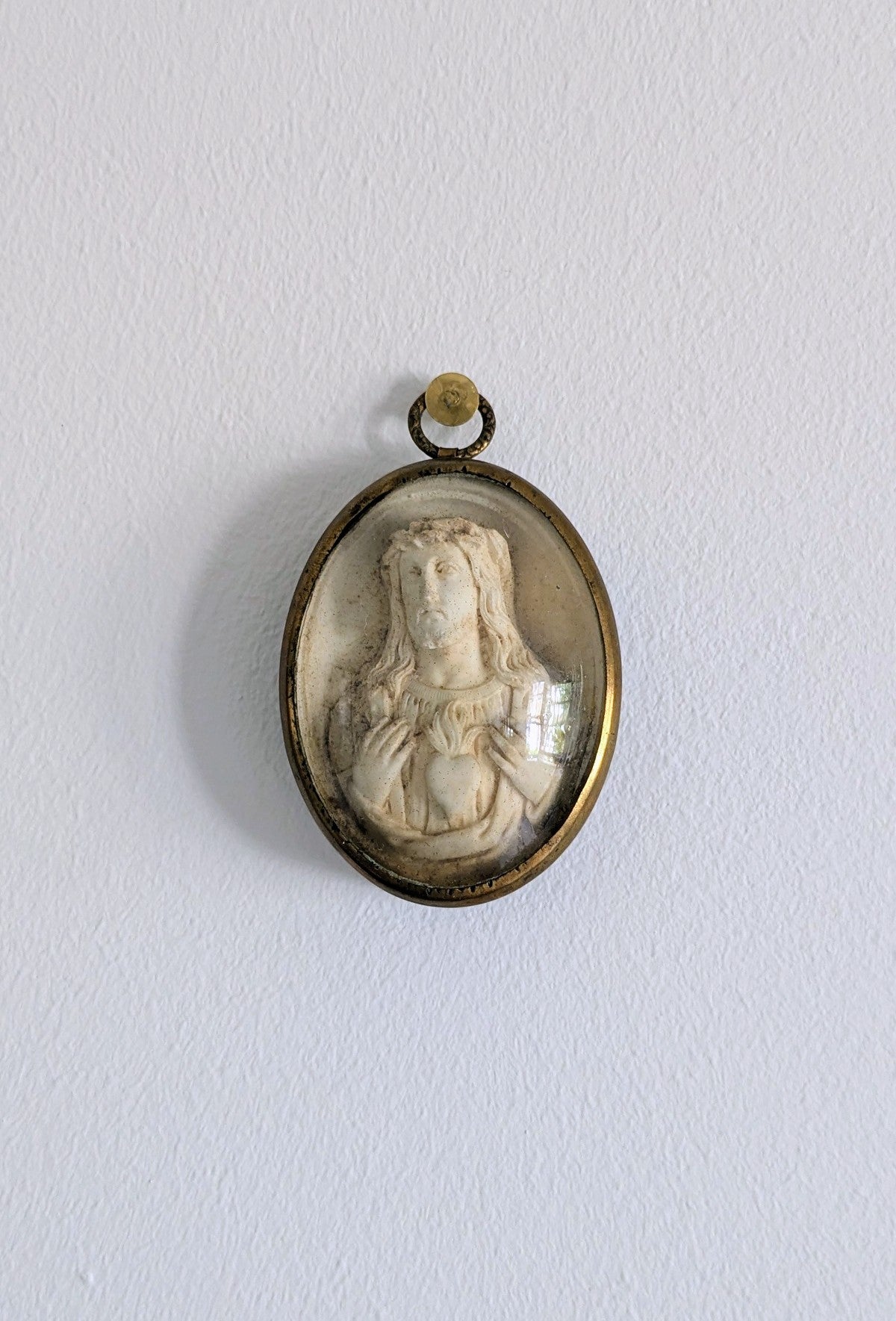 Antique French Sacred Heart Relief with Bombé Glass